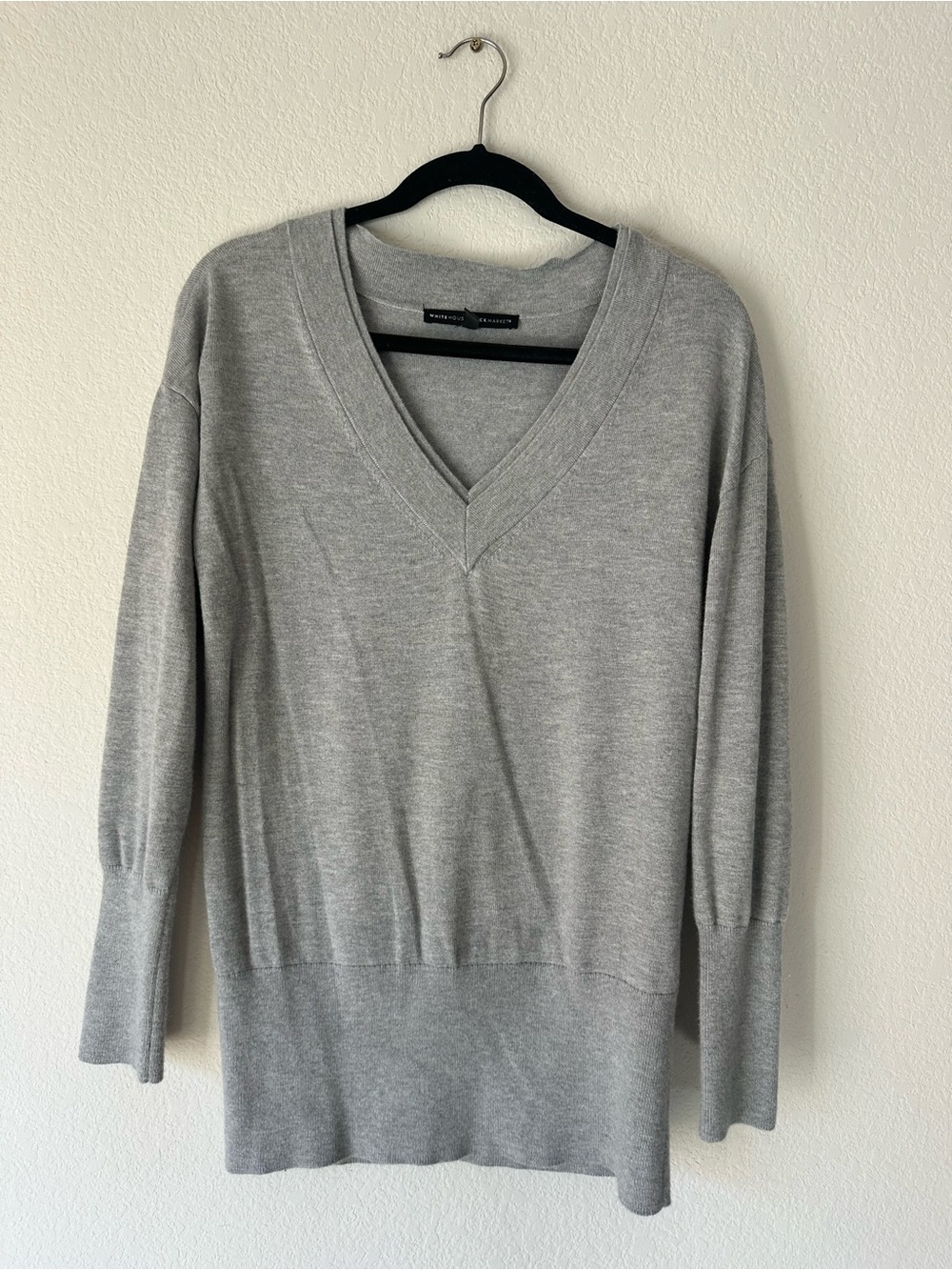 WHBM Gray V-Neck Tunic Sweater Cashmere Blend Wide Ribbed Hem M